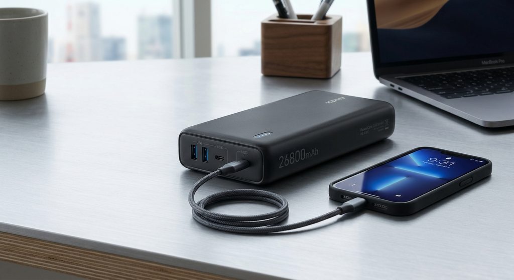 大容量モバイルバッテリー+短い充電ケーブル